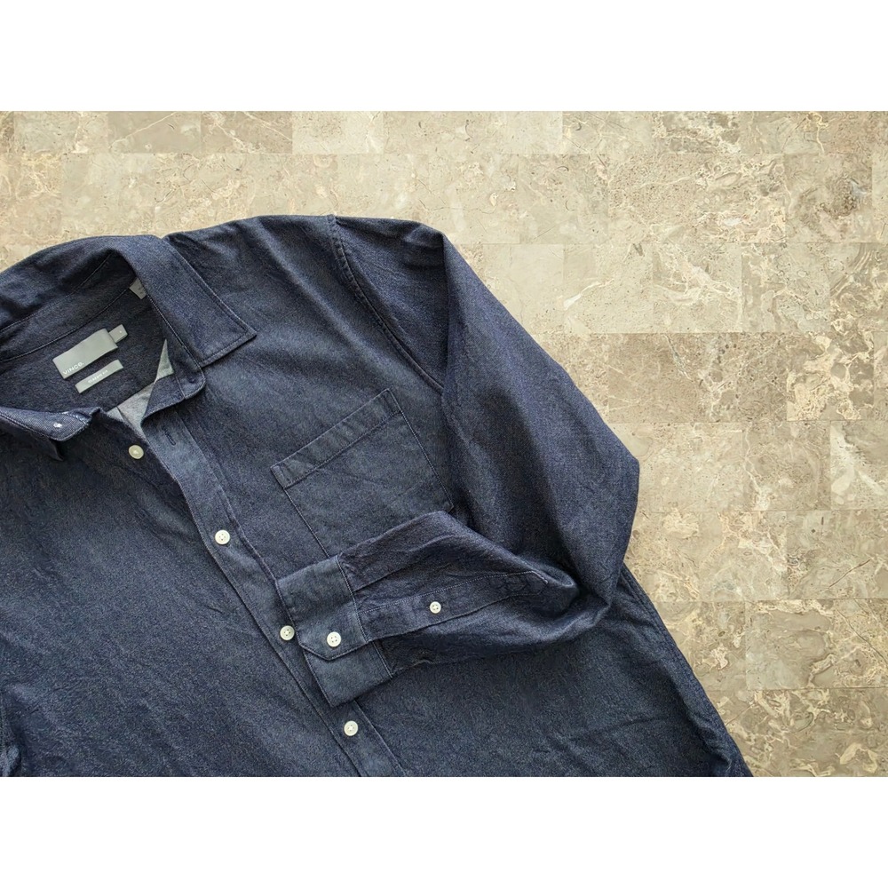 Vince Mens Classic Fit Indigo Denim Button Down Shirt Dark Blue Long Sleeve L